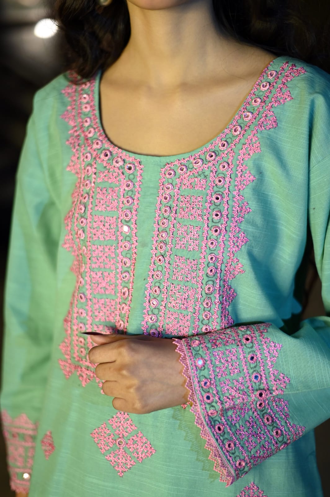 Soft Khaddar 2-Piece Suit with Mirror & Handmade Embroidery