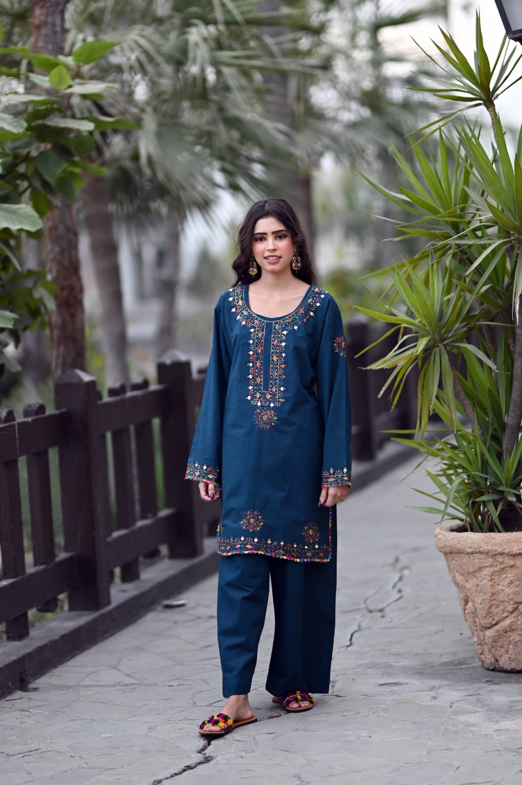 Soft Khaddar Mirror-Work 2-Piece Suit with Handmade Embroidery